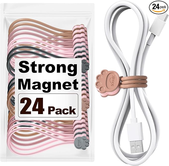 SOOOEC Cute Cat Paw Magnetic Cable Ties – 24 Pack, Reusable Silicone Cord Organizers for Home & Office, Strong Magnetic Hold, Double-Sided Colors, Perfect for Cable Management and Gift Idea