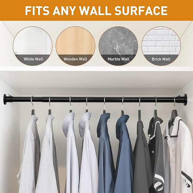 Black Adjustable Closet Rod 18-92 Inches, Heavy Duty Metal Clothes Hanging Rod, Rust-Proof Non-Slip Wardrobe Bar for Closet, Laundry Room, RV