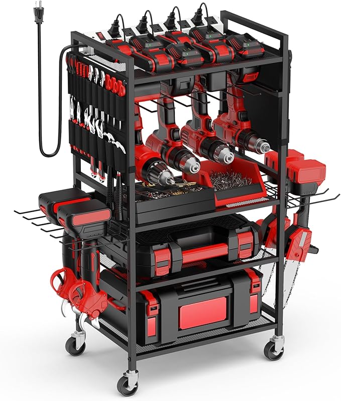 JUNNUJ Garage Large Power Tool Organizer Cart with 20A Charing Station, Heavy Duty Drill and Tools Battery Holder Storage Rack with 10 FT Power Strip, Floor Standing Rolling Tool Cart on Wheels, Black