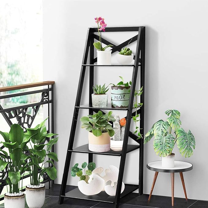 Tangkula 4-Tier Ladder Shelf Bookcase (Set of 2), Leaning Free Standing Wooden Frame Decor Bookshelf, Storage Flower Shelf, Plant Display Shelf for Home Office