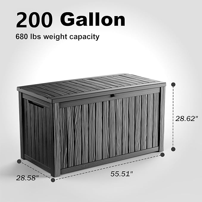 EasyUp 200 Gallon Outdoor Storage Box Waterproof, UV Resistant Resin Deck Box with Hydraulic Rod, Reinforced Stability for Patio, Garden, and Pool, Striped Black