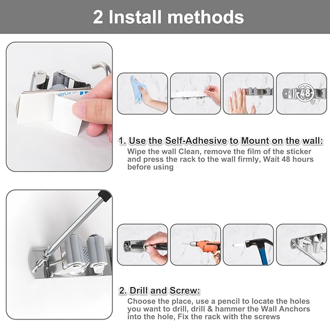 Broom Holder Wall Mount, Broom Organizer Wall Mount Stainless Steel Broom and Mop Hanger Heavy Duty Storage Organization for Home Kitchen Garden Garage Room 3 Racks 4 Hooks Grey