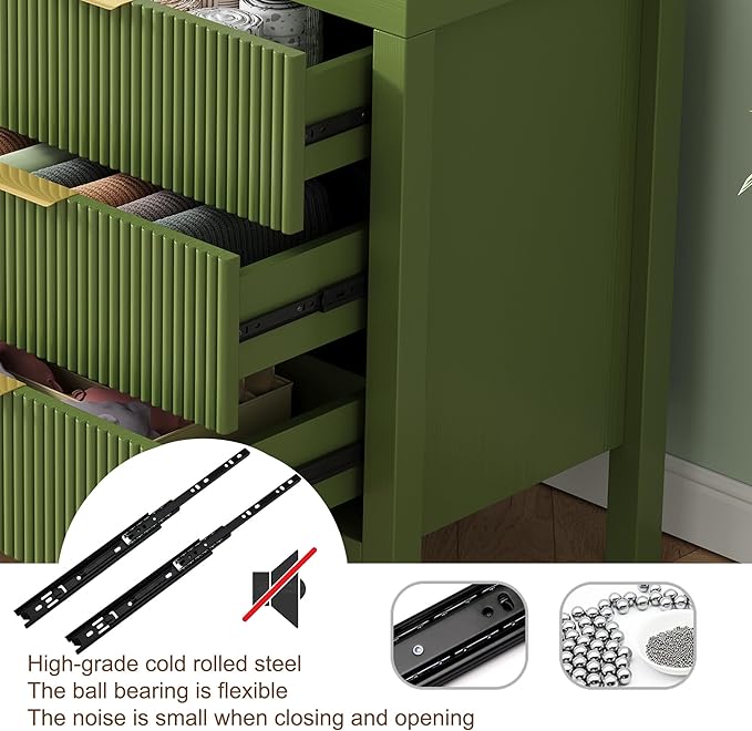 6 Drawer Dresser, Modern Wood Storage Chest of Drawers Organizer with Waveform Panel, Fluted Dresser with Wide Drawers and Golden Handles for Bedroom, Hallway, Entryway, (Green *2)