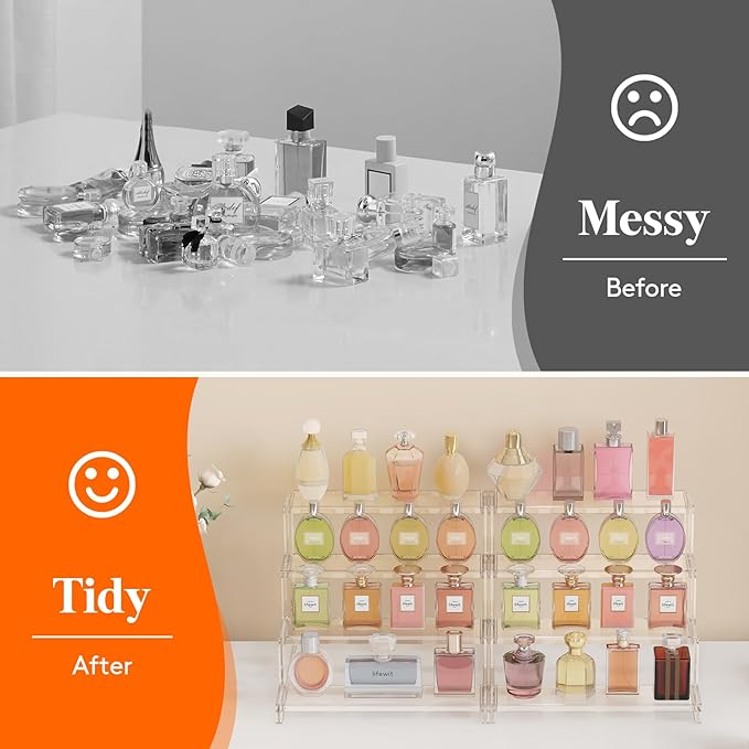 Lifewit 12 Inch Perfume Stand Organizer for Women, 4 Tier Plastic Display Riser, Tool-Free Assembly, Fragrance Makeup Cosmetics Shelf for Vanity Bedroom Bathroom Storage Organization, Clear, 3 Pcs