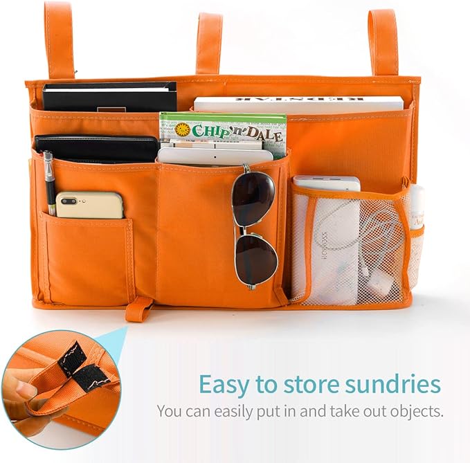Bseash Bunk Bed Organizer, Bedside Caddy Hanging Bed Organizer Storage Bag 8 Pockets, for College Dorm Rooms Bed, Hospital Bed, Baby Bed Rails, 600D Oxford Cloth (Orange)