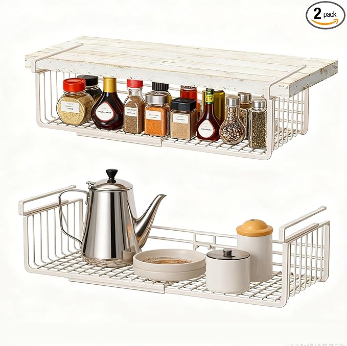 JIABEIUS 2 Pack Under Shelf Storage Basket, Extendable Under Cabinet Organizer, Pantry Organizers and Storage Hanging Rack for Kitchen Laundry Room Desk Counter Bookshelf