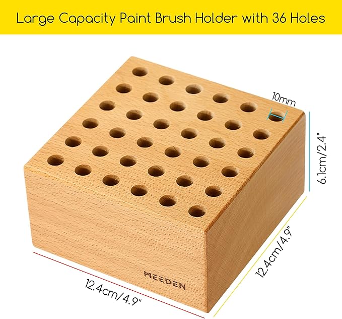 MEEDEN 2Pcs Beechwood Pencil and Brush Holders: 36 Holes Paint Brush Storage Organizer & Holder Rack - Wood Block Pencil Holder for Paintbrushes, Pens and Art Tools - Paint Brush Holder Display Stand