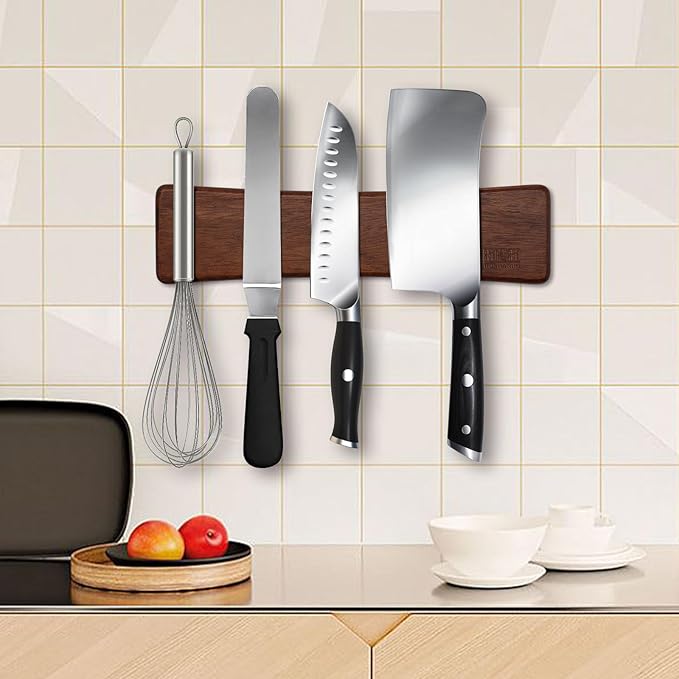 HOSHANHO Knife Magnetic Strip, Acacia Wood Powerful Magnetic Knife Strips, Magnetic Knife Holder for Wall 10 Inch Use as Magnetic Tool Organizer, Home Organizer