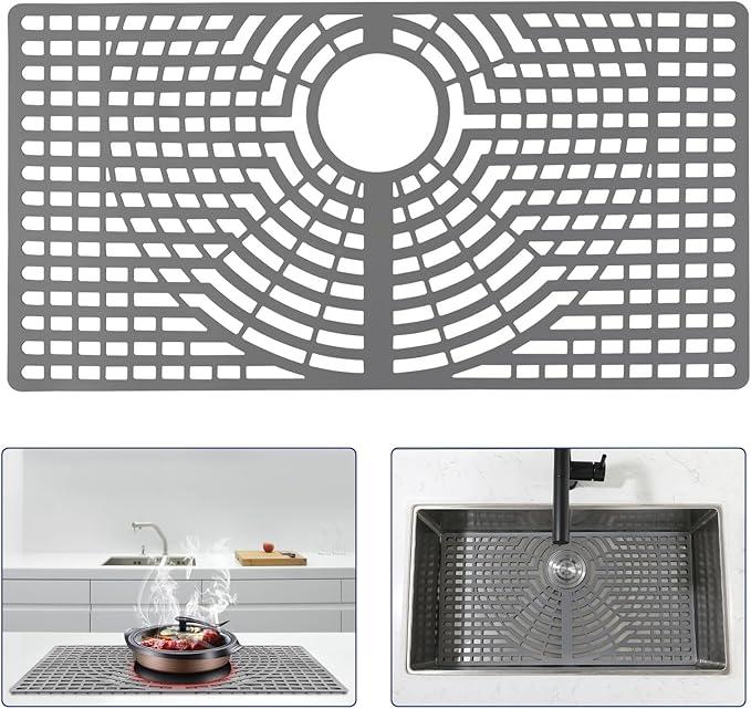 Silicone Sink Protector 30"x16" Rear Drain Hole, Heat Resistant Non-slip Dishwasher Suitable, Large Sink Mat for Bottom of Farmhouse Kitchen Stainless Steel Sinks