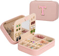 TopPerfekt Travel Jewelry Case, Jewelry Box with Mirror, Jewelry Organizer Bridal Shower Gifts to Her, Earring Storage Travel Case, Trendy Gift for Women and Girls, Girlfriend-Letter T, Pink