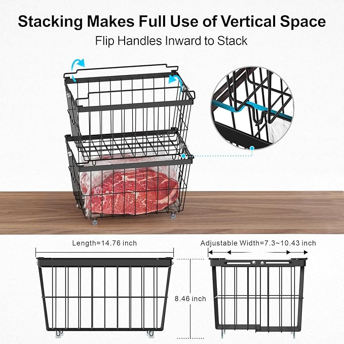 iSPECLE Freezer Organizer Bins - 2 Pcs Hanging Baskets for Deep Freezer, Adjustable Wider & Deeper Chest Freezer Organizer Bins for 5 to 9 Cu Ft, Extra Large & Easy Organize, Black