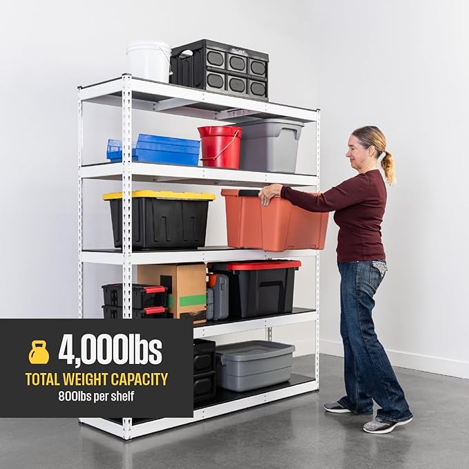 SafeRacks Modular Garage Shelving - 5 Tier Storage Shelves, Tall Metal Rack Shelves for Storage, Heavy Duty Steel Shelf Organizer for Garage, Or Kitchen Pantry (White, 18 x 60 x 72)