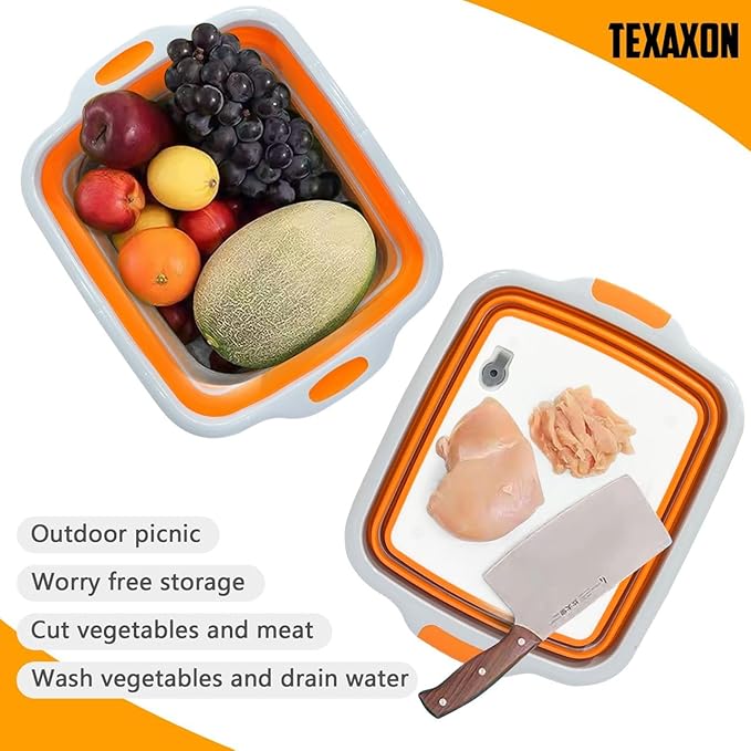 8L/16L BBQ Prep Tub with Cutting Board, Lid & Complimentary Mitts/Gloves – Collapsible Bucket for BBQ, Marinade, Picnic, Camping, Meat Prep – Orange/Black (Orange, X-Large)