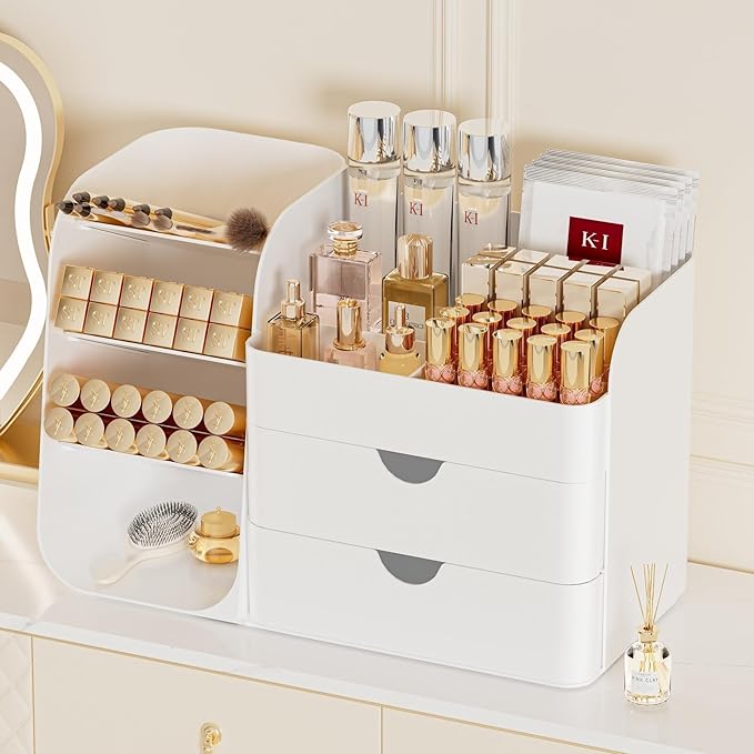 Makeup Organizer with Drawers,Large Capacity Countertop Organizer for Vanity,Bathroom and Bedroom Desk Cosmetics Organizer,Easy To Storage Skincare,Brushes, Eyeshadow,Lipstick (All White, Large)
