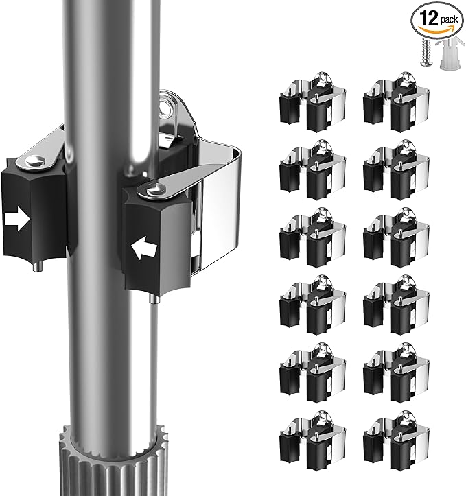 Broom Holder Wall Mount – 12 Pack Broom Rack with Star Shaped Rubber Rollers & Nickel Plated Brackets for Strong Grip and Long Life – Ideal for Garden Tools Organization