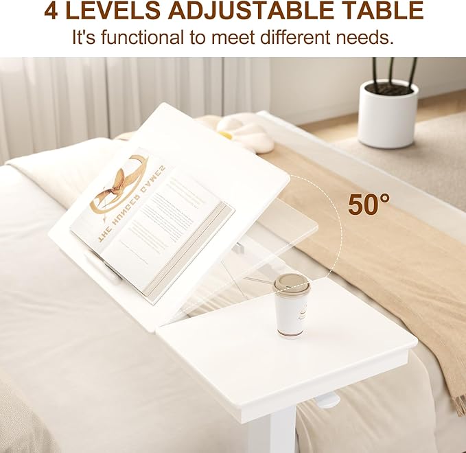 Solid Wood Overbed Bedside Table with Wheels, Adjustable Medical Tilt Top Hospital Bed Table Over The Bed, Rolling Laptop Desk, Mobile Standing Desk for Hospital and Home Use (White)