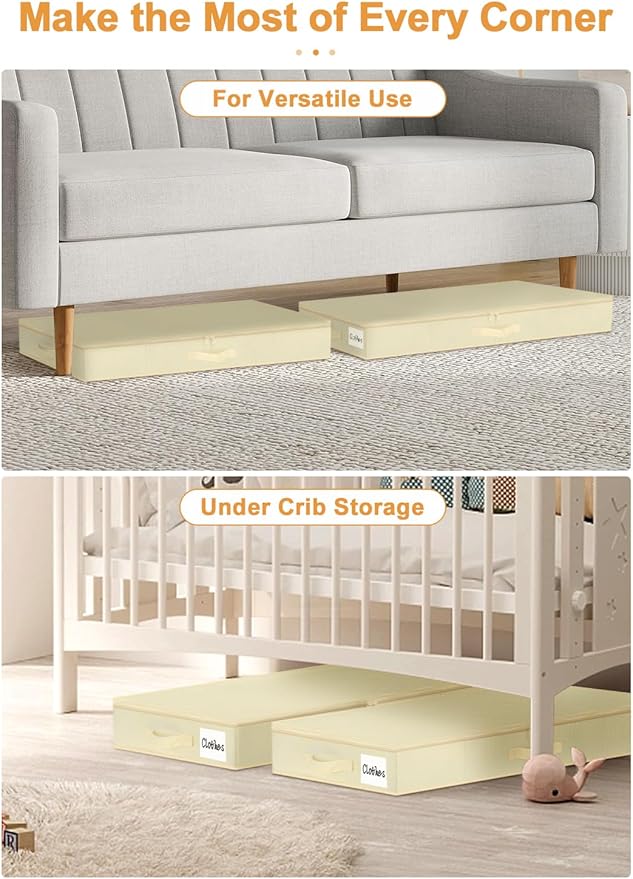 punemi 4.5 Inch Tall Low Profile Under Bed Storage Containers Bins, 2Pcs Shallow Flat Underbed Clothes Storage With Sturdy Structure Support, Under Couch & Sofa Storage For College Dorm Room, Beige