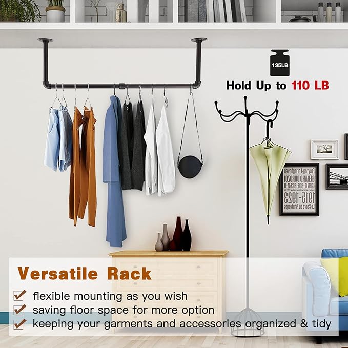 Wall Mounted Clothes Rack - 48" Clothing Garment Rack, Space-Saving Heavy Duty Detachable Iron Clothes Hanger Pole, Multi-Purpose Hanging Rod for Closet Storage