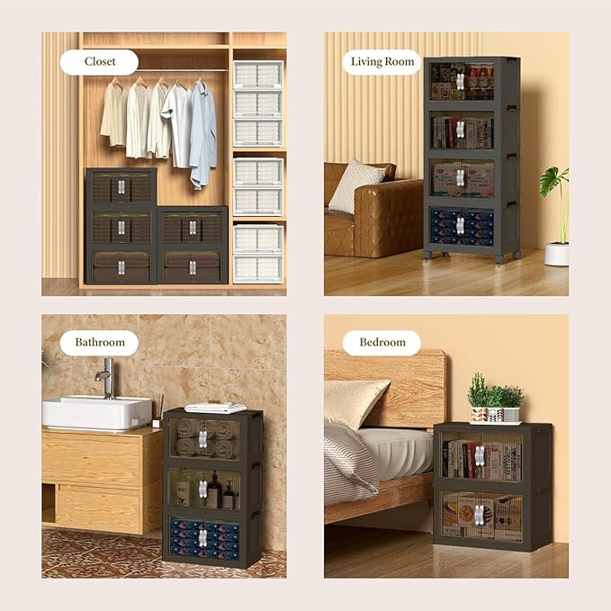 Stackable Storage Bins,164GAL Foldable Cabinet Storage Bins with Lid and Door, Collapsible Plastic Closet Organizers, Folding Multi-Use Containers for Home, Pantry, Office (L, Gray 5-Tier)