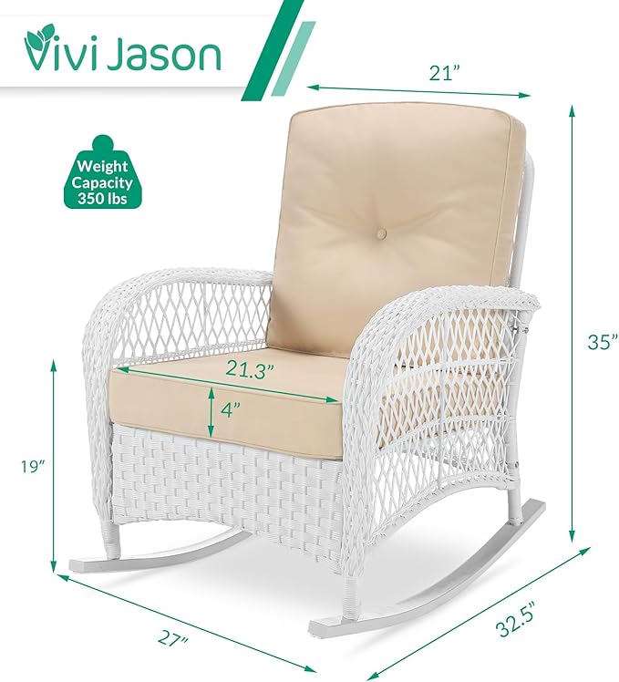 VIVIJASON Outdoor Wicker Rocking Chair, Patio Rattan Rocker Chair with Cushions & Steel Frame, All-Weather Rocking Lawn Furniture for Garden Backyard Porch (White Wicker/Beige)