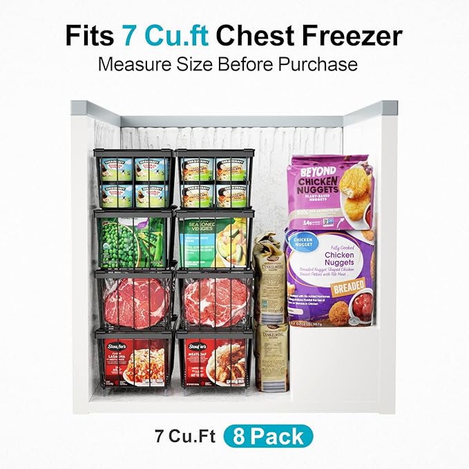 iSPECLE Freezer Storage Bins - 6 Pack Small Stackable Deep Freezer Organizer Bins for Most 7 Cu.FT Chest Freezer Sort Frozen Food, Freezer Basket with Handles Easy to Get Food from Bottom, Black