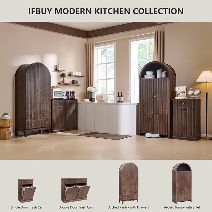 Modern Tilt Out Laundry Hamper Cabinet, 10 Gallon Fluted Trash Can Cabinet with Drawer, Wooden Hidden Garbage Can Cabinets with Laundry Basket, Free Standing for Bathroom and Kitchen, Brown