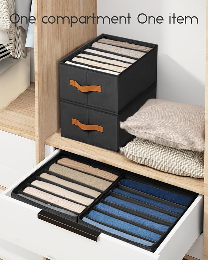 Closet Organizers and Storage - Fabric Clothes Organizer with Handles, Foldable Jeans Organizer for Clothes, Drawer Organizer for Shirts, Bra, Sweater, Scarf, 8 Pack, Black