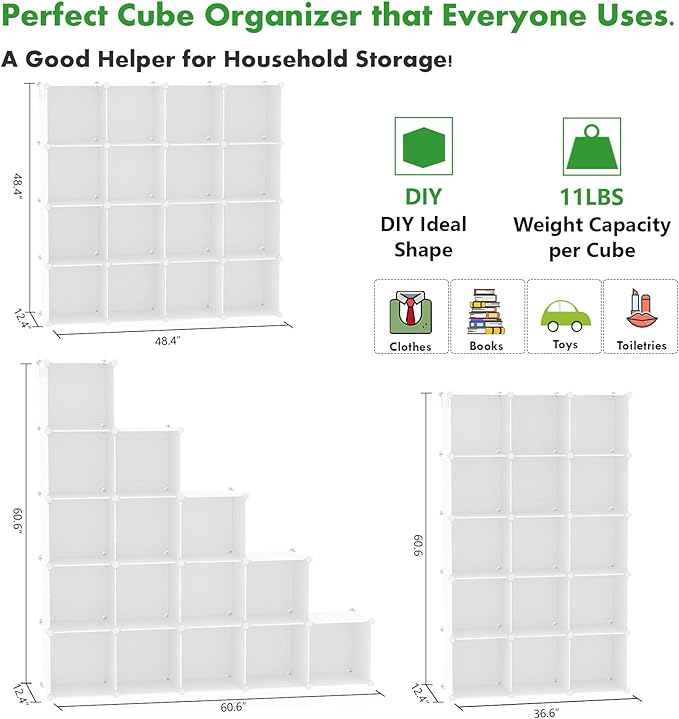 C&AHOME Cube Storage Organizer, 16-Cube Shelves Units, Plastic Storage Cubes, DIY Closet Organizer, Modular Closet Storage Shelves Ideal for Home, Bedroom, 48.4" L × 12.4" W × 48.4" H Milky UPCS16M