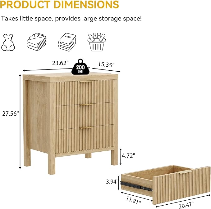 6 Drawer Dresser, Modern Wood Storage Chest of Drawers Organizer with Waveform Panel, Fluted Dresser with Wide Drawers and Golden Handles for Bedroom, Hallway, Entryway, Nature
