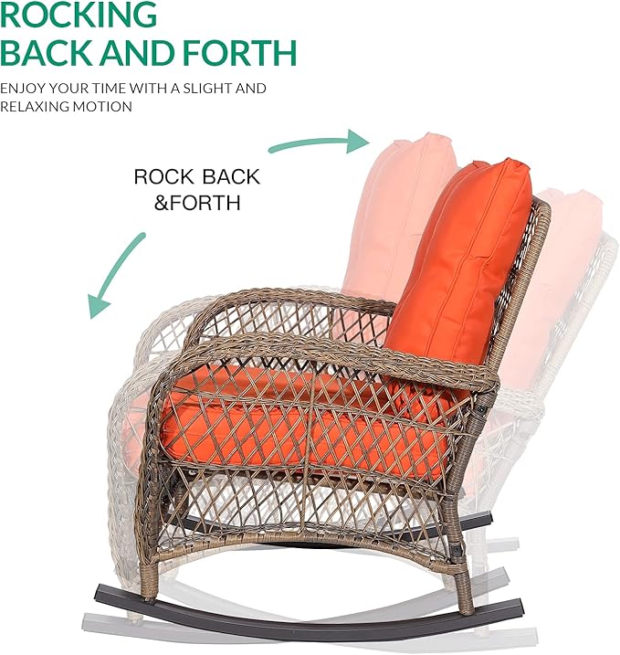 VIVIJASON Outdoor Wicker Rocking Chair, Patio Rattan Rocker Chair with Cushions & Steel Frame, All-Weather Rocking Lawn Wicker Furniture for Garden Backyard Porch (Orange)
