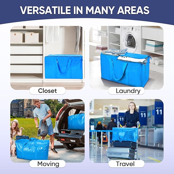 TICONN 2 Pack Extra Large Moving Bags with Zippers & Carrying Handles, Heavy-Duty Storage Tote Moving Boxes for Space Saving (2 Pack, Sky Blue)