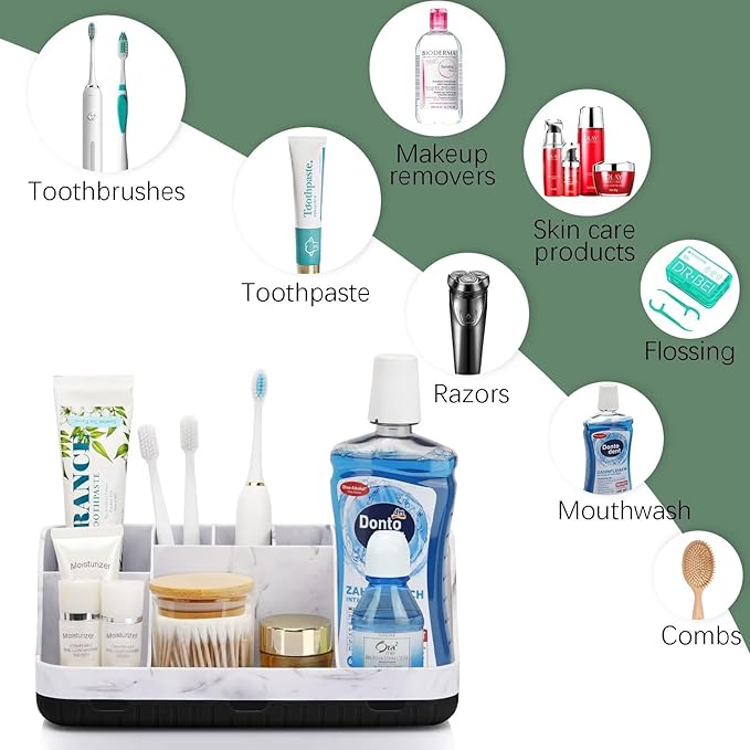 Marble Bathroom Countertop Organizer - Detachable 7 Slots Kids Electric Toothbrush and Toothpaste Holde Drainage for Bathroom Accessories Organization Counter Vanity Storage, Black