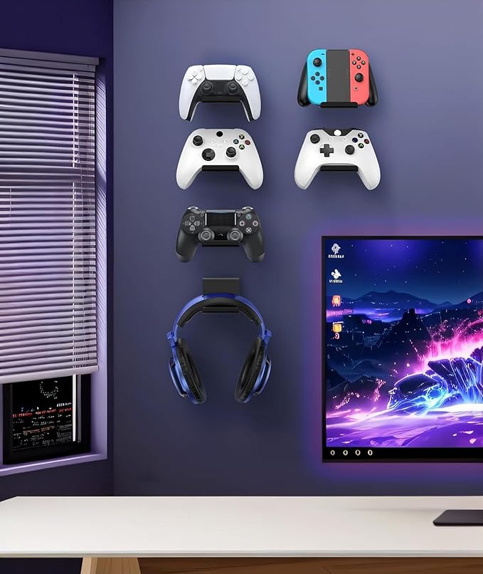 6 Pack Foldable Controller Wall Mount Holder for Xbox PS5 PS4 PS3 Switch Pro Strong Adhesive/Screw Upgraded Controller Stand Hanger with Anti-slip Pad Universal Gaming Remote, Headphone Accessories