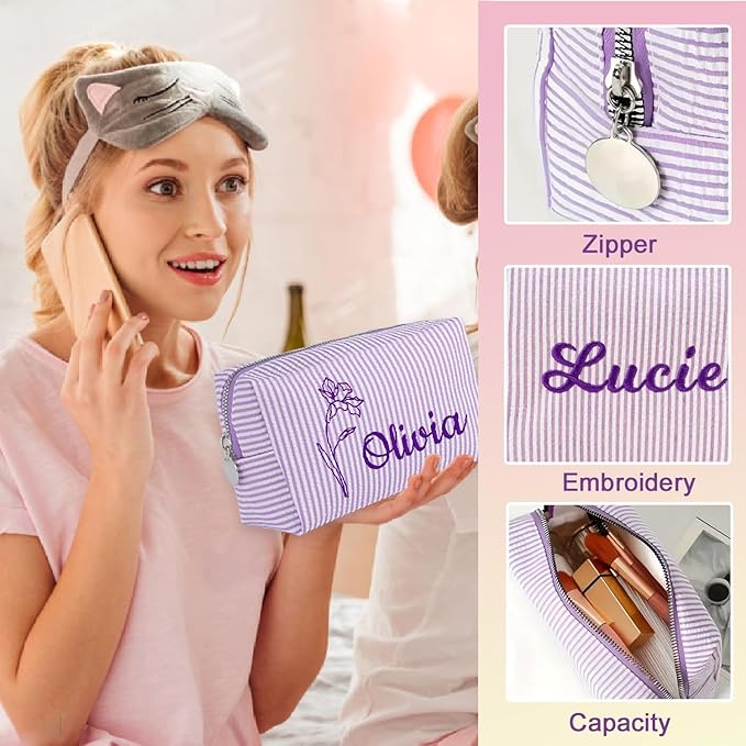 Personalized Seersucker Makeup Bag with Embroidered Name&Birth Flower,Custom Small Travel Cosmetic Bag Toiletry Bag Wedding Gifts for Bridesmaid Bride (Makeup Bag with Birth Flower)