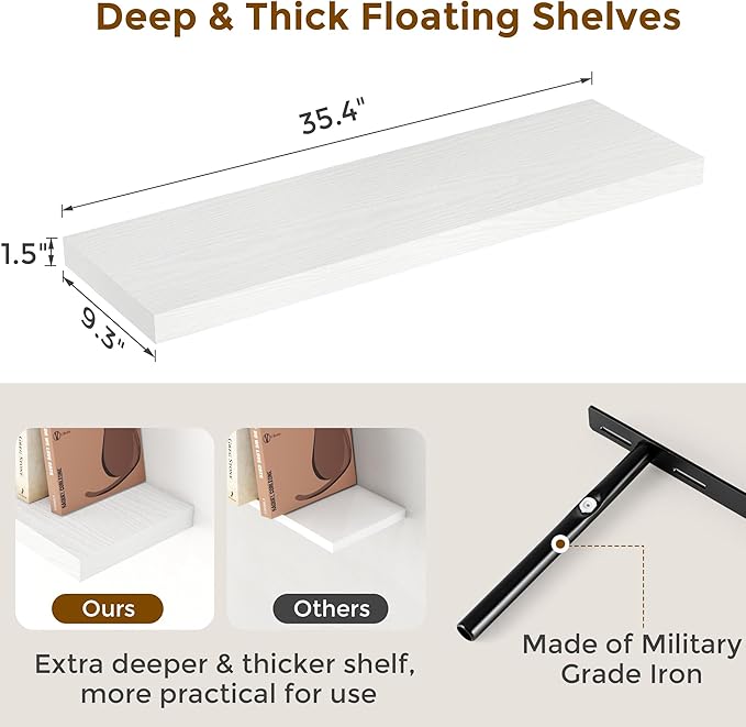Fun Memories 36 Inch Floating Shelves White, 9.3 Deep Floating Shelf for Wall, Rustic White Wall Shelves 36x9.3x1.5 - Set of 2, Large Deep Shelf for Kitchen, Living Room Storage