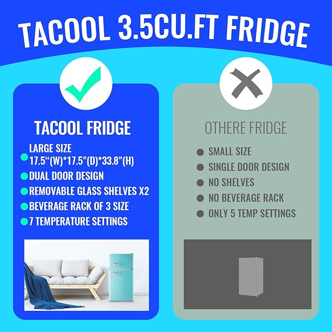Small Refrigerator with Freezer Double Door Mini Fridge Adjustable Glass Shelves, Detachable Handle,7 Level Temperature Control Fridge for Dorm, Office, Apartment Blue