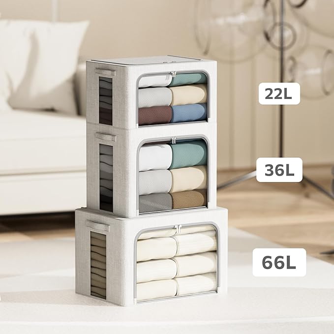 4 Pack Clothes Storage Bins with Metal Frame - 36L Stackable Storage Box with Lid，Foldable Storage Container Organizer for Clothes，Linen Fabric Storage Box with Clear Window＆Zippers＆Handles