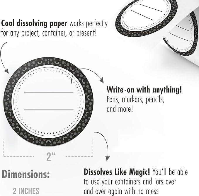 Easy Remove Dissolvable Canning Labels for Mason Jars (2" Round) Canning Supplies - Washes Off in Seconds Like Magic - Jar Labels for Homemade Jam, Jelly, and More (Black, 200/Roll) by MESS