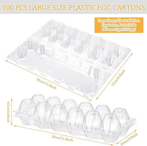 100 Pcs Plastic Egg Carton, 12 Grids Clear Chicken Egg Tray Disposable Plastic Holder Empty Container for Farm Refrigerator Fresh Storage