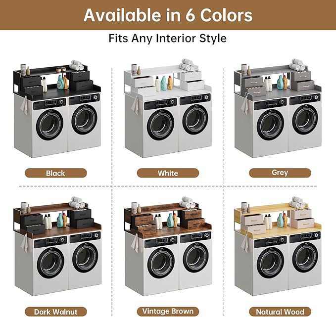 4 Drawers Washer Dryer Countertop with Shelf, 27.5" D x 54" W Laundry Topper with 3.54" High Guardrails and Non-Slip Pads,Extra Storage Organizer for Over Washer and Dryer, Holds 66 Lbs,Dark Walnut