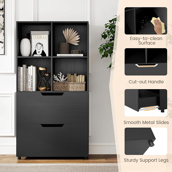 GOFLAME 4-Tier Bookcase with 2 Drawers, 51” Tall Bookshelf with 4-Cube Open Shelf, Wood, Modern, Freestanding Display Storage Organizer Shelf for Living Room, Home Office (2,Black)