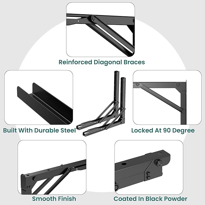 EVERHANGER 18 inch Folding Shelf Brackets for Garage, Heavy Duty Collapsible Shelf Bracket Steel Wall Mounted Table Brackets (Pack of 2, No Board)