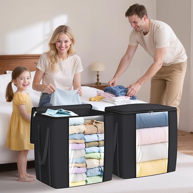 120L Extra Large Clothes Storage Bags, Foldable Blanket Storage and Organization, Thick Fabric Containers with Reinforced Handles & Zippers for Clothing, Comforters, Bedding, Black, 1 Pack