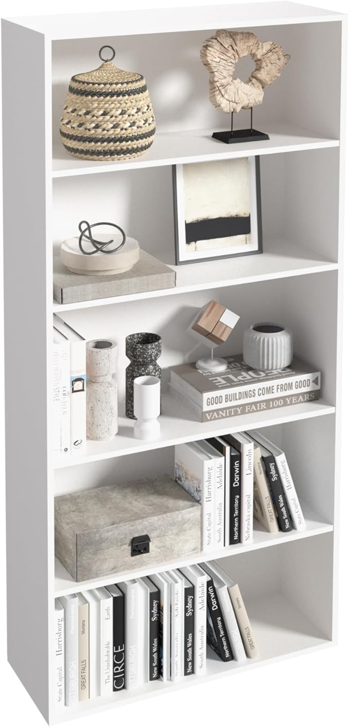 5 Tier Book Shelf,Wooden 5 Cube Storage Organizer, 54 Inch Versatile Cubes Shelf and Cubby Unit for Any Space (White, 5 Cube-W(23.6inch)