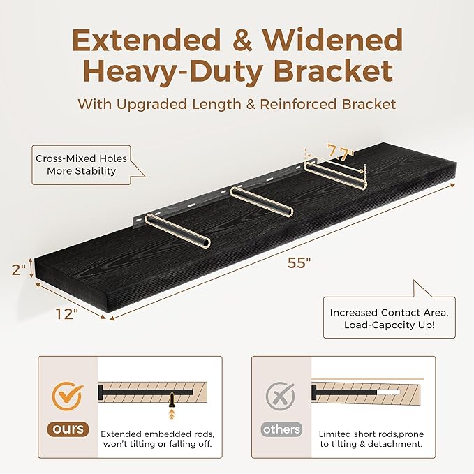 Black Floating Shelves 55 Inch Long, 12 Inch Deep Floating Shelves for Wall, 55 x 9 Large Floating Shelf for Fireplace Mantel, 2" Thicked Wall Shelves for Living Room, Bedroom Storage, 1 Pack