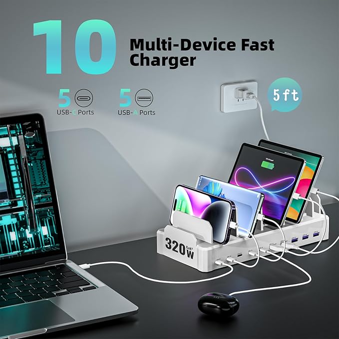 320W Charging Station for Multiple Devices, Zobirez 10-Port USB C Fast Charger Stations for MacBook, iPhone, Android Cell Phone, iPad, Tablet, Family Multi-Device Organizer Charging Dock, White