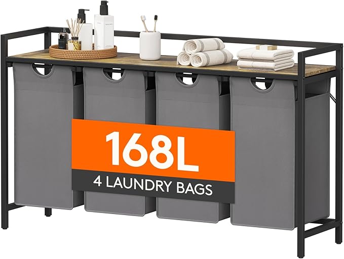 Lifewit Laundry Hamper 4 Section, 168L Pull out Laundry Clothes Basket Organizer with Large Top Shelf and 4 Removable Bags and Handles, Laundry Sorter for Laundry Room Bedroom Bathroom, Gray