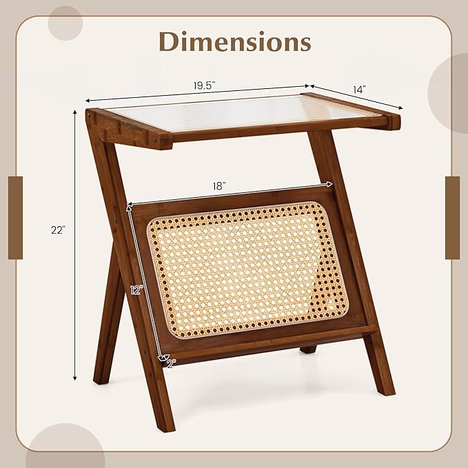 Giantex Rattan Side Table, Boho Nightstand with Glass Top & Magazine Rack, End Table with Storage, Bamboo Bedside Table for Small Space Living Room Bedroom (1, Walnut)