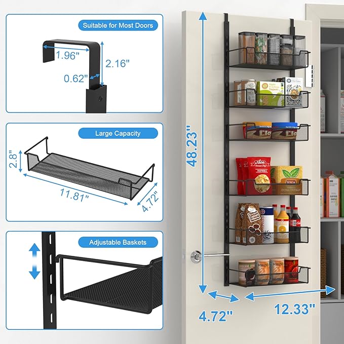 12.3" W Narrow Over the Door Pantry Organizer, 6-Tier Over the Door Organizer with Adjustable Basket, Pantry Door Organization for Pantry Kitchen Storage Room Spice Rack, Black