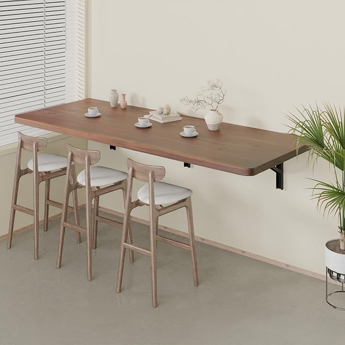 IAE Floating Wall Mounted Folding Table Desk with Pine Wood,55" x 22" Folding Workbench,Fold Down Wall Mounted Foldable Desk with Shelf Brackets,Laundry Table for Home,Dining,Office,Kitchen,Brown